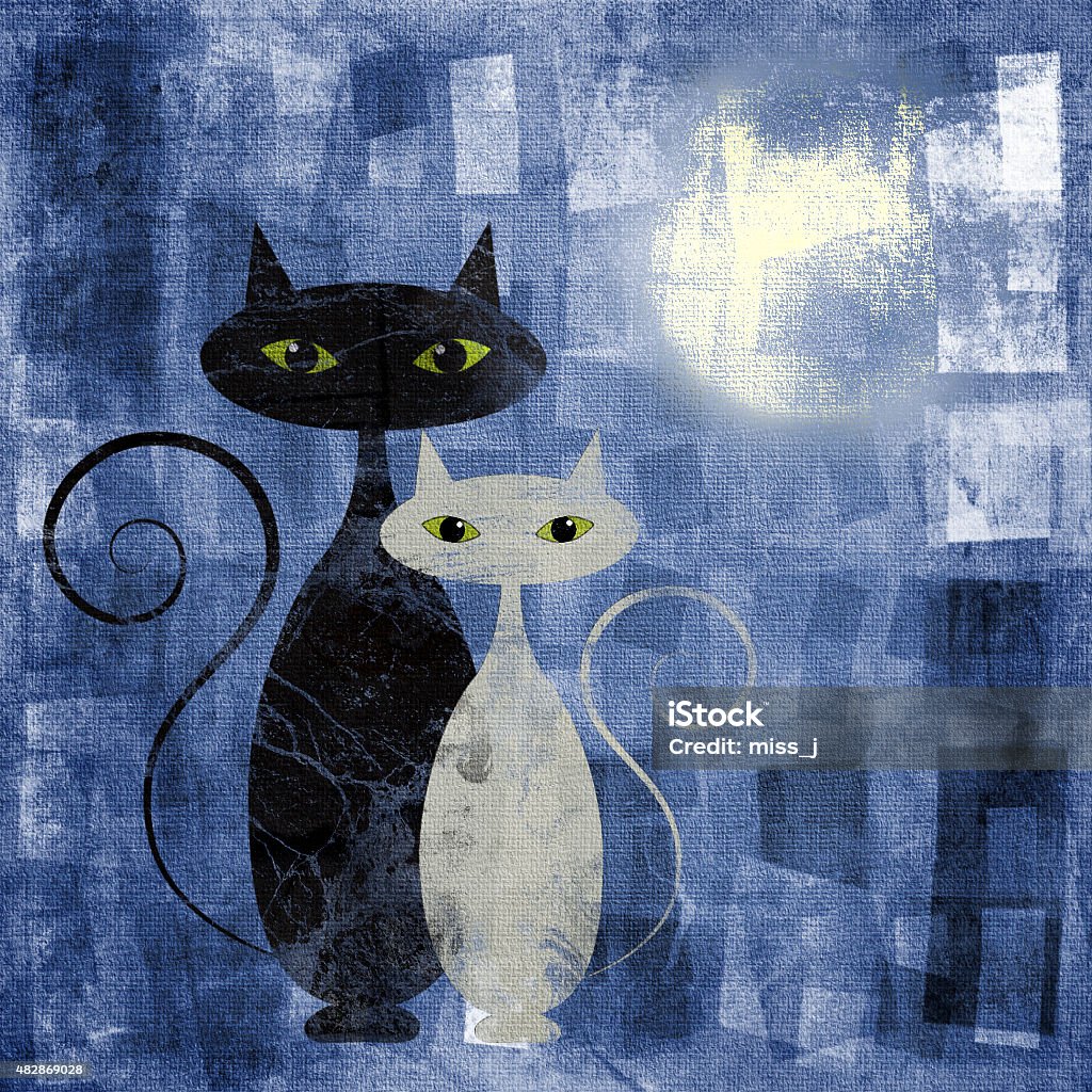 The Cats Black and white cat on blue grunge canvas Domestic Cat Stock Photo