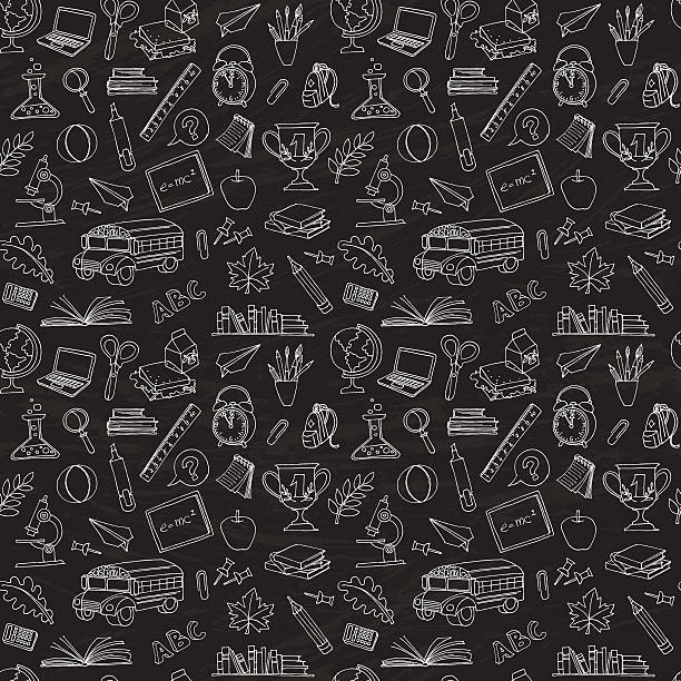 Back to school seamless pattern of kids doodles Vector illustration  Back to school seamless pattern of kids doodles with bus, books, computer and world map on blackboard sports chalk stock illustrations