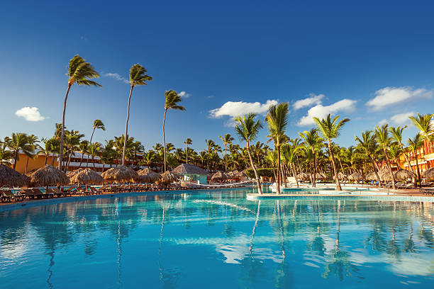 linda piscina em resort tropical, punta cana, dominic - drink umbrella fotos - fotografias e filmes do acervo
