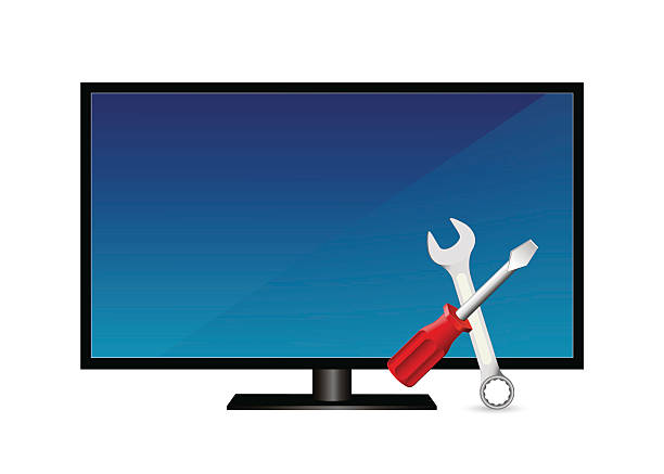 LCD television set with tools Vector illustration isolated on white background white background level hand tool white stock illustrations