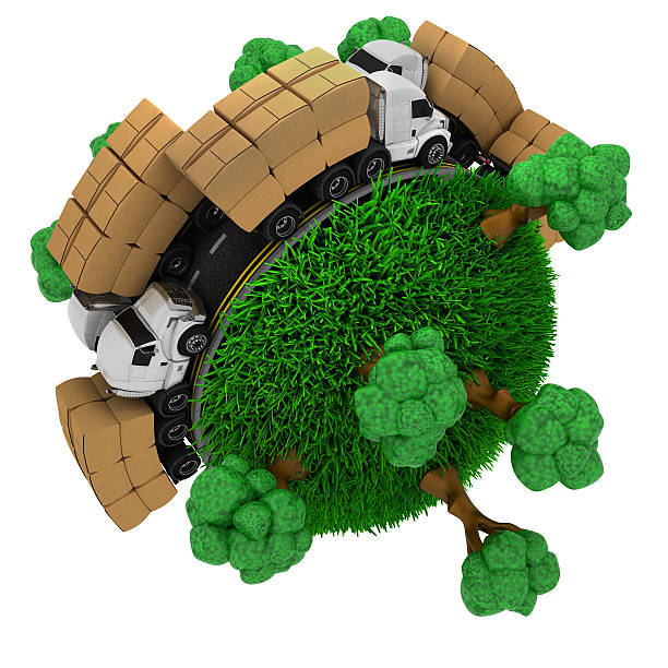 istock Trucks on Road around a grassy globe 482876256