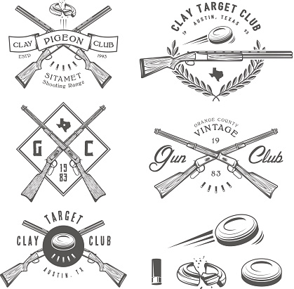 Set of vintage clay target and gun club labels, emblems and design elements.