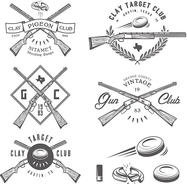 Set of vintage clay target labels, emblems, design elements Set of vintage clay target and gun club labels, emblems and design elements. taking a shot sport stock illustrations