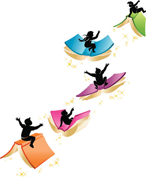 illustrazioni stock, clip art, cartoni animati e icone di tendenza di volare con i libri - moving up child pointing looking