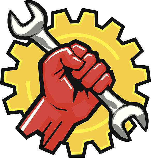 gear fist fist clenched around a wrench with a gear shape in the background hand wrench stock illustrations