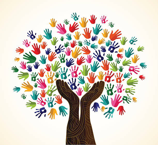 Diversity tree wooden hands Multicolor tree hands illustration background with human wooden open hands trunk. Vector illustration layered for easy manipulation and custom coloring. learning silhouettes stock illustrations