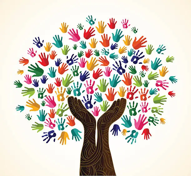 Vector illustration of Diversity tree wooden hands