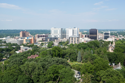 A very unique perspective of downtown Rochester, Minn. Shot from the top of the old Saint Marys water tower on the west side of the city, looking east. The center right building is the main Mayo Clinic  to the left Mayo's Gonda building. The majority of the other buildings are Mayo's including Methodist Hospital and a portion of the Plummer Building.