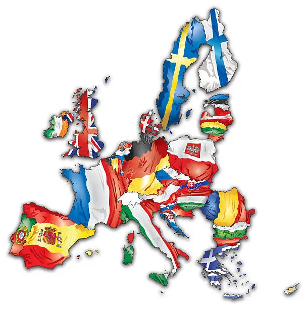 Vector illustration of European Union map with flags of all countries