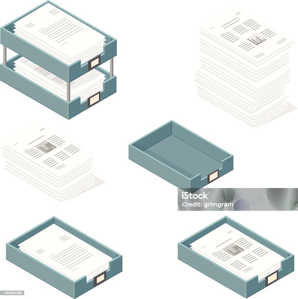 Isométrique Corbeille des dossiers traités et boîte de plateaux avec les Documents papier - clipart vectoriel de En papier libre de droits