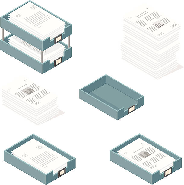 Isometric Outbox and Inbox Trays with Paper Documents A vector illustration icon set of in and out trays for business - with paper documents and financial graphs. stack of papers stock illustrations