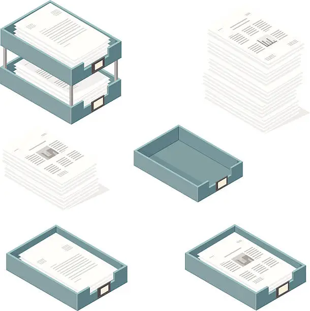 Vector illustration of Isometric Outbox and Inbox Trays with Paper Documents