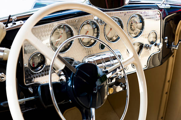 istock Vintage Car Steering Wheel And Dashboard 482880387