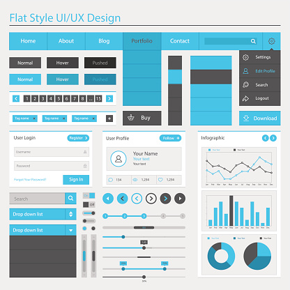 A series of flat style UI/UX design menus is displayed on a white background in a variety of shades of blue, black, gray and white.  There are individual menus denoting user information, login, profiles, info graphics and a wide variety of other user interface information.  A pie graph, a line graph and a bar graph all sit near the bottom right, displaying monthly information related to the text.  A banner on the top row of the image says 