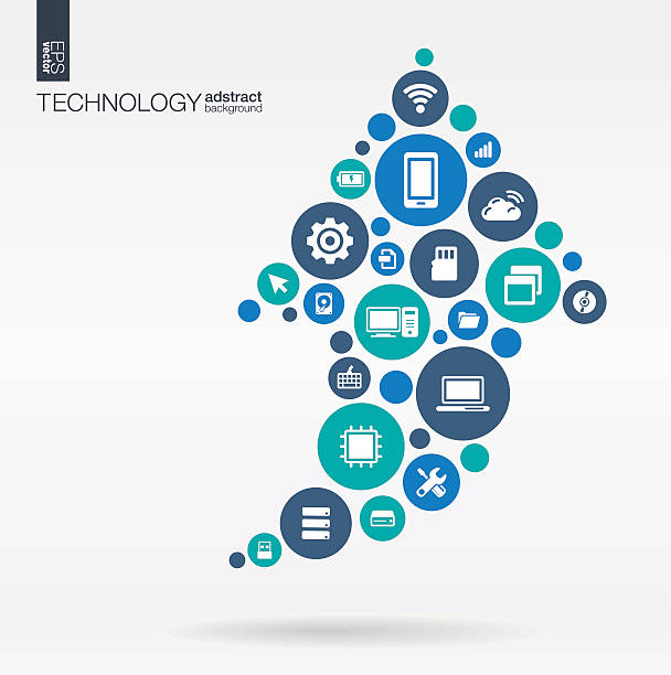 Arrow shape technology illustration: connected color circles, integrated flat icons Color circles, flat icons in arrow up shape: technology, cloud computing, digital concept. Abstract background with connected objects in integrated group of elements. Vector interactive illustration upward mobility stock illustrations