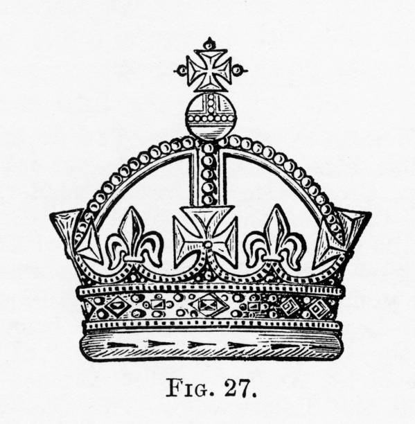 ilustrações, clipart, desenhos animados e ícones de medieval monarch crown com christian simbolismo engraving - st edwards crown