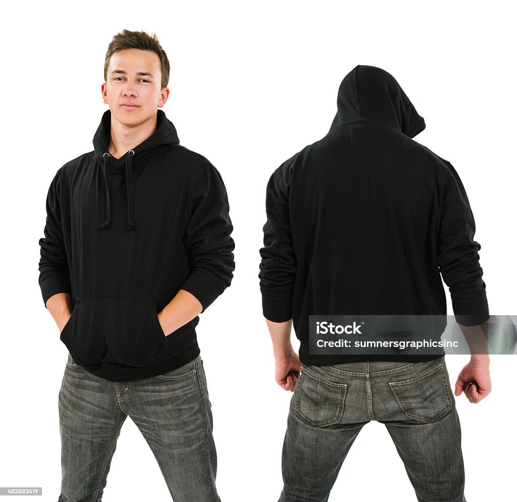 Male with blank black hoodie Photo of a male in his late teens posing with a blank black hoodie.  Front and back views ready for your artwork or designs. Hooded Shirt Stock Photo