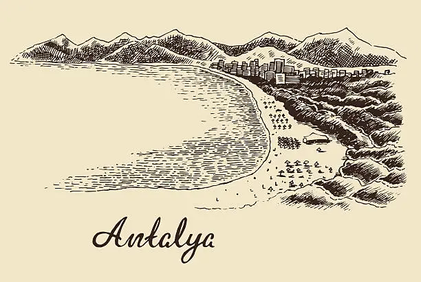 Vector illustration of Antalya skyline vintage engraved vector hand drawn
