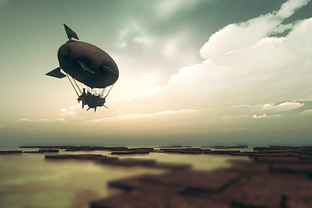 Steampunk airship flying over fantasy landscape Steampunk airship flying over fantasy landscape. blimp stock pictures, royalty-free photos & images