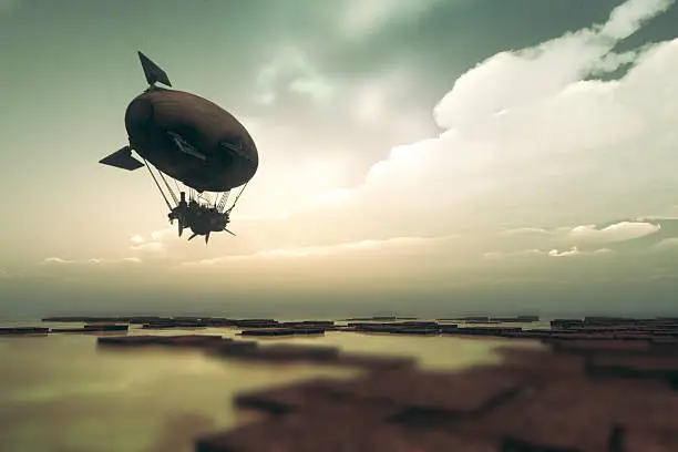 Photo of Steampunk airship flying over fantasy landscape