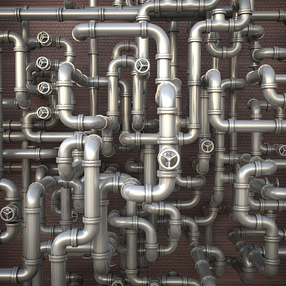 Fantasy Industrial 3d illustration. Maze made of steel pipes 