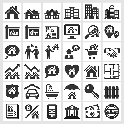 Vector illustration of real estate icons.  Real estate related icons are shown in six rows of six icons each.  The icons are all rendered in black and white for deep contrast and visibility.  The top row features multiple homes, apartment buildings and duplexes in various styles.  Icons include a 