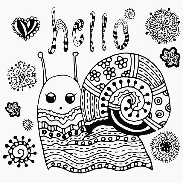 illustrations, cliparts, dessins animés et icônes de main tirées des marais et de fleurs. - snail white background profile side view