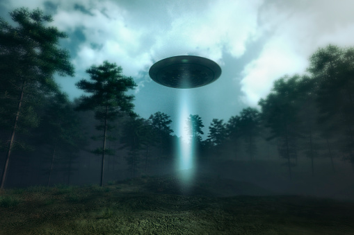 UFO landing in the forest meadow.