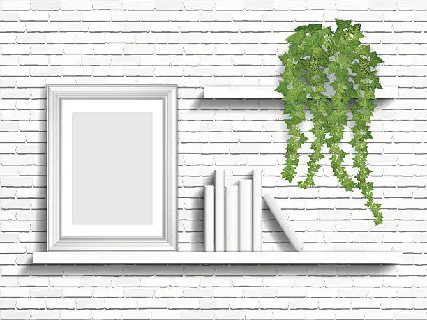 Vector illustration of books and houseplant on shelves