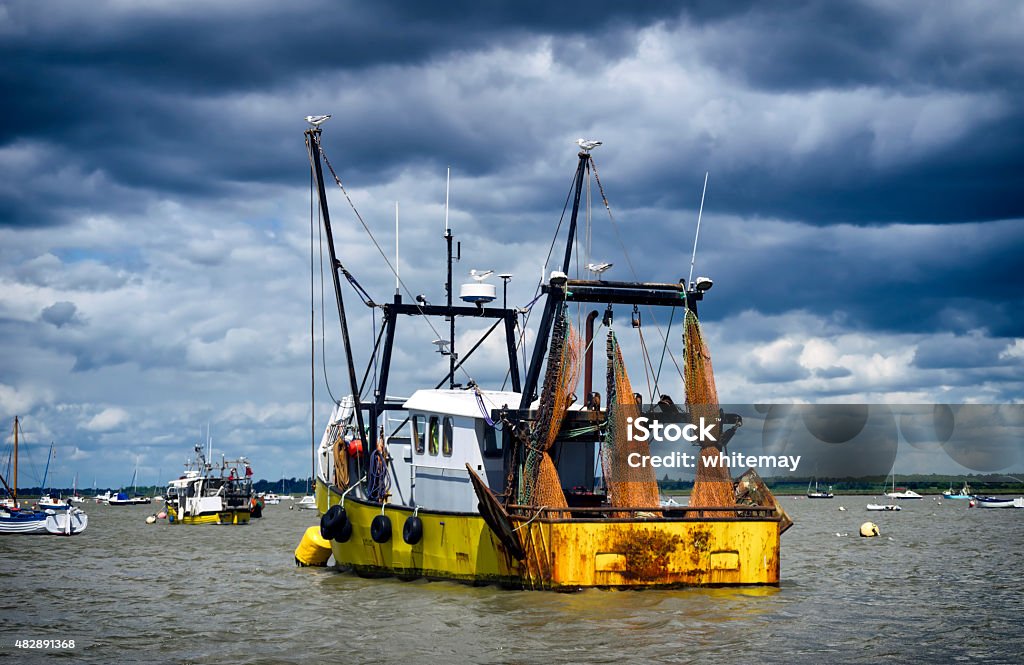 Fishing boats and pleasure craft on the River Deben Fishing boats and pleasure craft moored on the River Deben between the villages of Felixstowe Ferry and Bawdsey, Suffolk, in eastern England. Dark clouds herald the approach of rain, though the sun is shining intermittently. 2015 Stock Photo