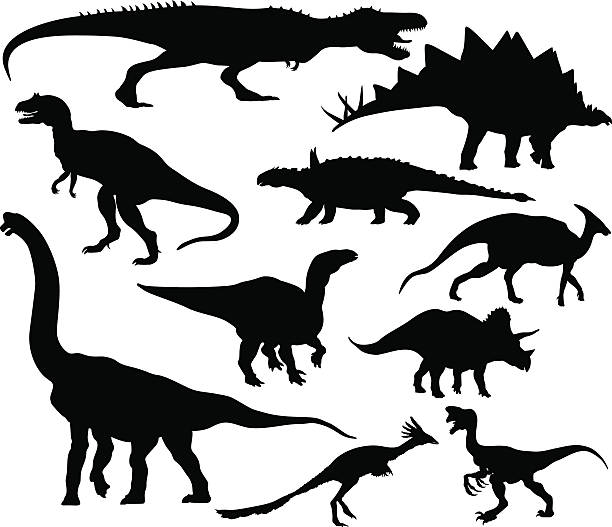 ilustraciones, imágenes clip art, dibujos animados e iconos de stock de vector siluetas de dinosaurio - tyrannosaur