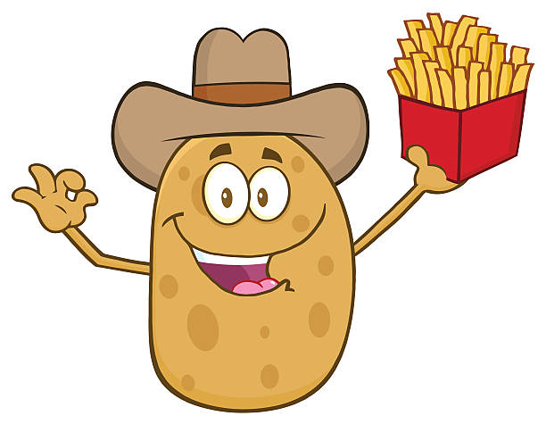 cowboy-kartoffel halten sie eine schachtel mit pommes frites - french fries fast food french fries raw raw potato stock-grafiken, -clipart, -cartoons und -symbole