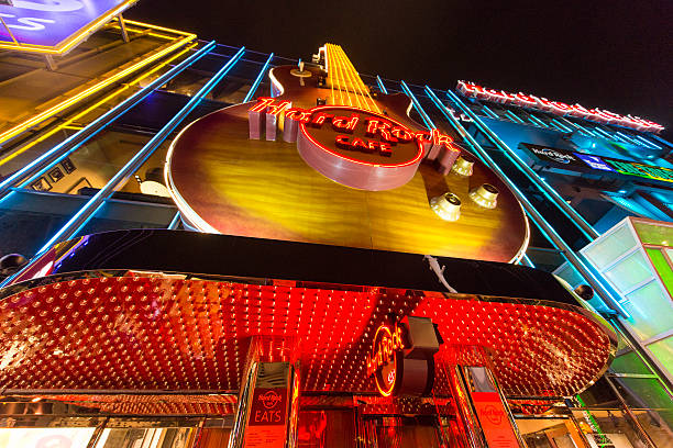 Las Vegas, Nevada, USA - May 29, 2015: Night time view of the Hard Rock Cafe restaurant entrance with its illuminated decor on the Las Vegas strip in Nevada, USA.