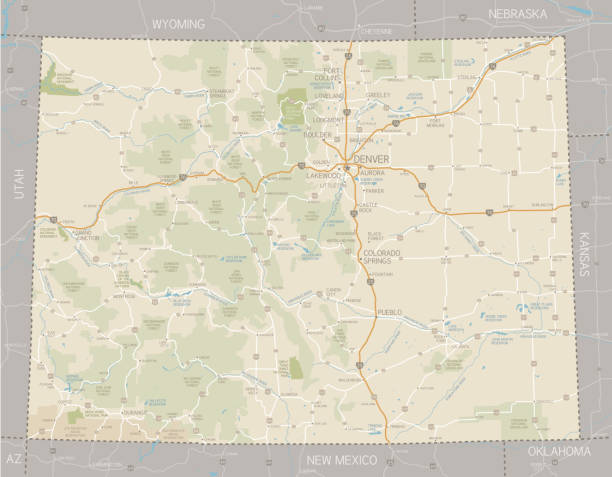 Colorado Map A detailed map of Colorado state with cities, roads, major rivers, national forests, monuments, and major lakes. Includes neighboring states and surrounding water.  steamboat springs stock illustrations