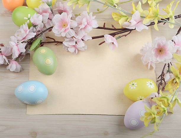 istock Easter eggs,flower and old paper card 482900263