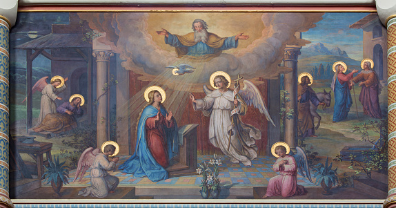Vienna - Annunciation scene. Fresco by Josef Kastner from and of 19. cent. in Carmelites church in Dobling.
