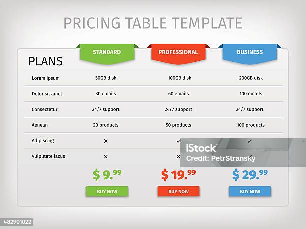 Colorful Comparison Pricing Table Template Stock Illustration - Download Image Now - Table, Infographic, Plan - Document