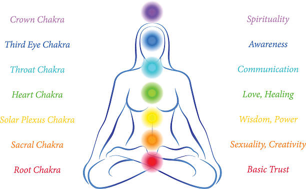 Chakras Woman with Description Illustration of a meditating woman in yoga position with the seven main chakras and their meanings. chakra illustrations stock illustrations