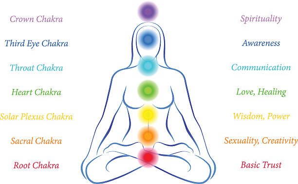 Chakras Woman with Description Illustration of a meditating woman in yoga position with the seven main chakras and their meanings. chakra stock illustrations