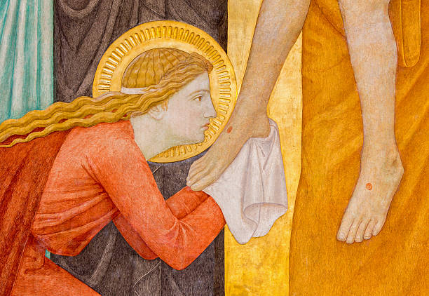 Vienna - Mary Magdalen fresco in Carmelites church Vienna - Mary Magdalen. Detail from Deposition of the cross scene over st. John of the Cross side altar by P. Verkade in Carmelites church in Dobling. mary magdalene stock illustrations