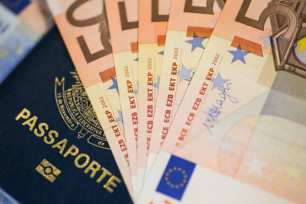 Dinheiro do Euro e Passaporte do Brasil - fotografia de stock