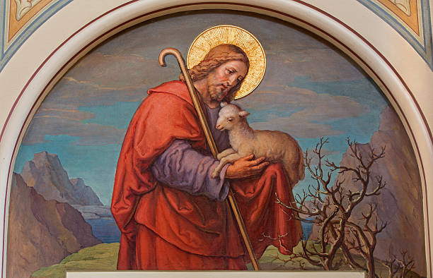 Vienna - Fresco of Jesus as good shepherd Vienna - Fresco of Jesus as good shepherd by Josef Kastner from end of 19. cent.  in Carmelites church in Dobling. priest photos stock pictures, royalty-free photos & images