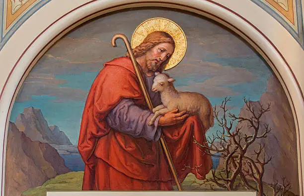 Vienna - Fresco of Jesus as good shepherd by Josef Kastner from end of 19. cent.  in Carmelites church in Dobling.