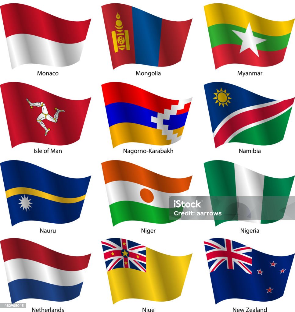 Set  Flags of world sovereign states. Set  Flags of world sovereign states. Vector illustration. Set number 11. Exact colors. Easy changes. EPS10. Contains transparent objects used for shadows drawing Adulation stock vector