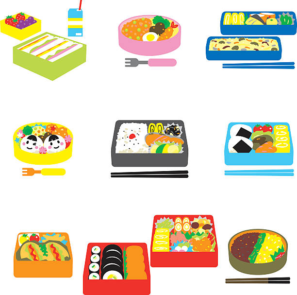 illustrazioni stock, clip art, cartoni animati e icone di tendenza di giapponese bento, pranzo, bento - merenda