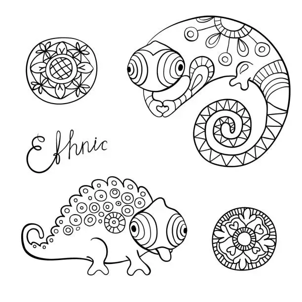 Vector illustration of Cute chameleon and flowers in ethnic style..