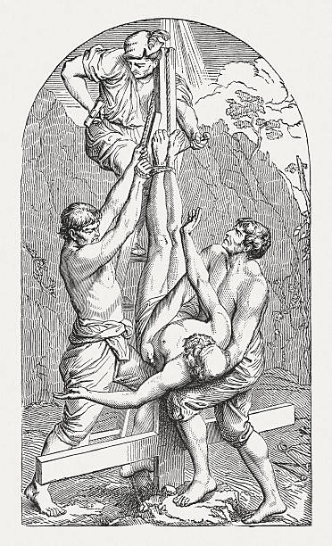 saint peters' crucifiction oleh guido reni (pelukis italia), diterbitkan 1878 - ginjal binatang ilustrasi stok