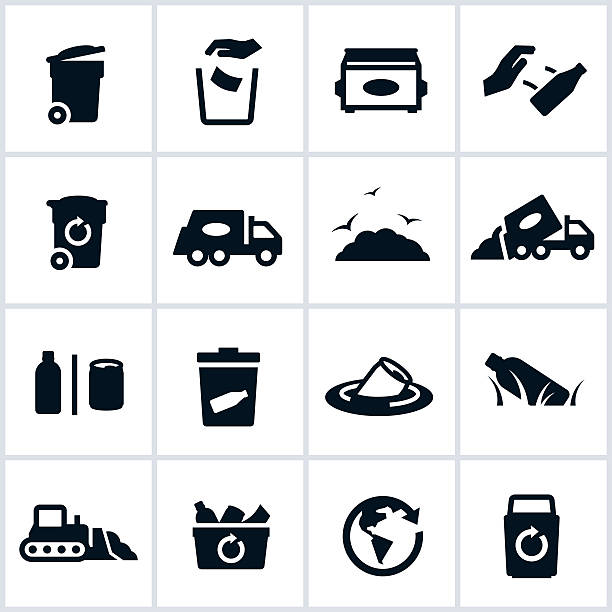Garbage And Waste Management Icons Black garbage and waste icons. Typical items you would associate with waste management. The set includes icons of a garbage truck, garbage can, dump, waste and recycling efforts. black trash bin stock illustrations