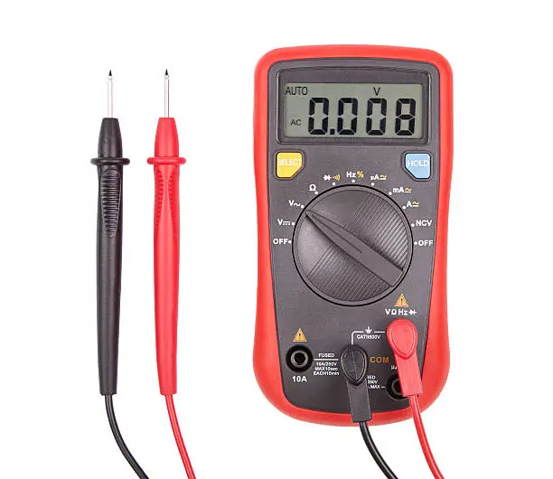 Red automatic multimeter. Measuring device isolated on white