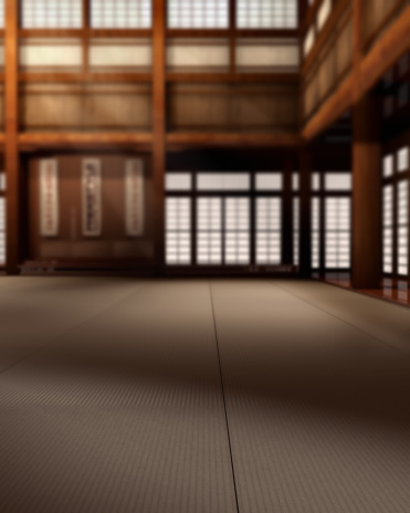 Japanese style karate training school or dojo with shallow depth of field
